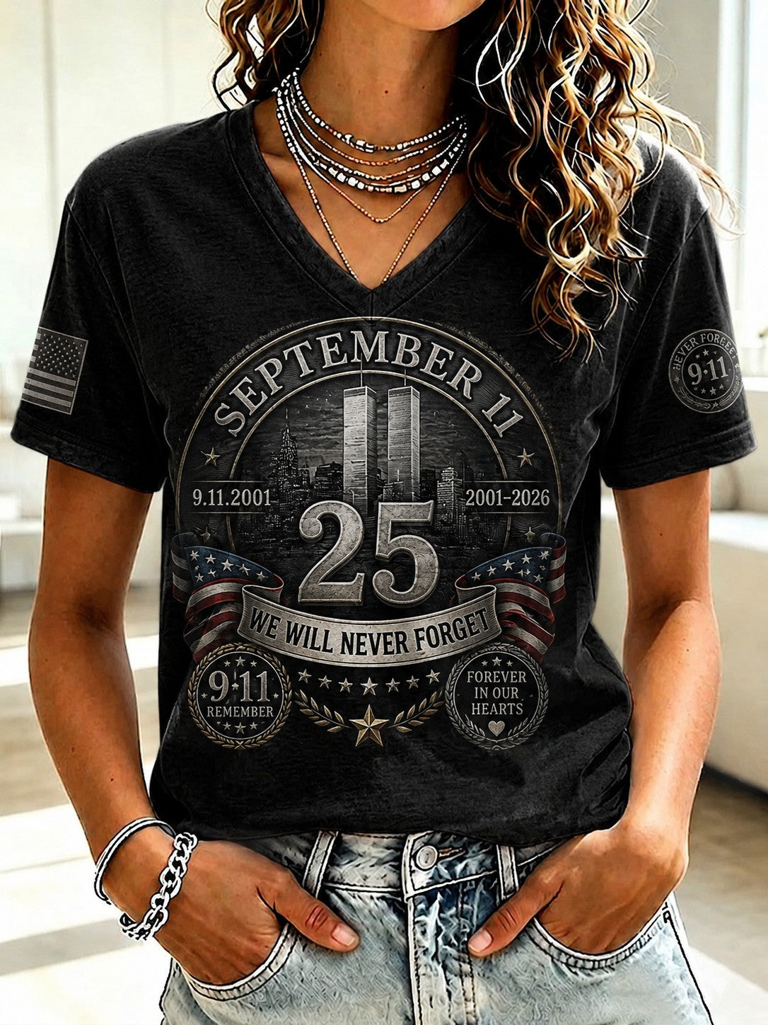 September 11 We Will Never Forget V-Neck Shirt 25 9 11 2001 2001-2026 Forever In Our He Merch - Otakuforge