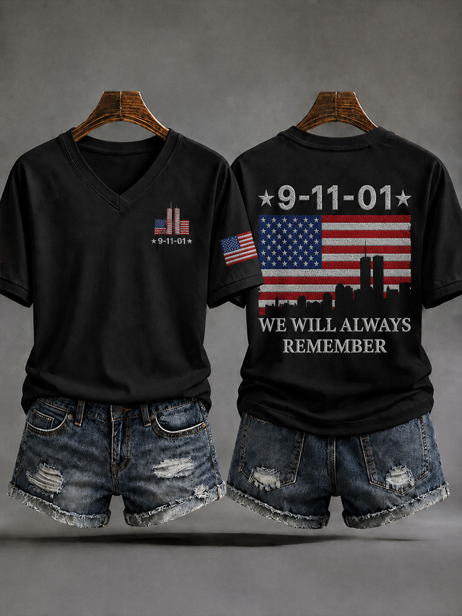 9-11-01 We Will Always Remember V-Neck Shirt Twin Towers American Merch Gift For Patriot Him - Otakuforge