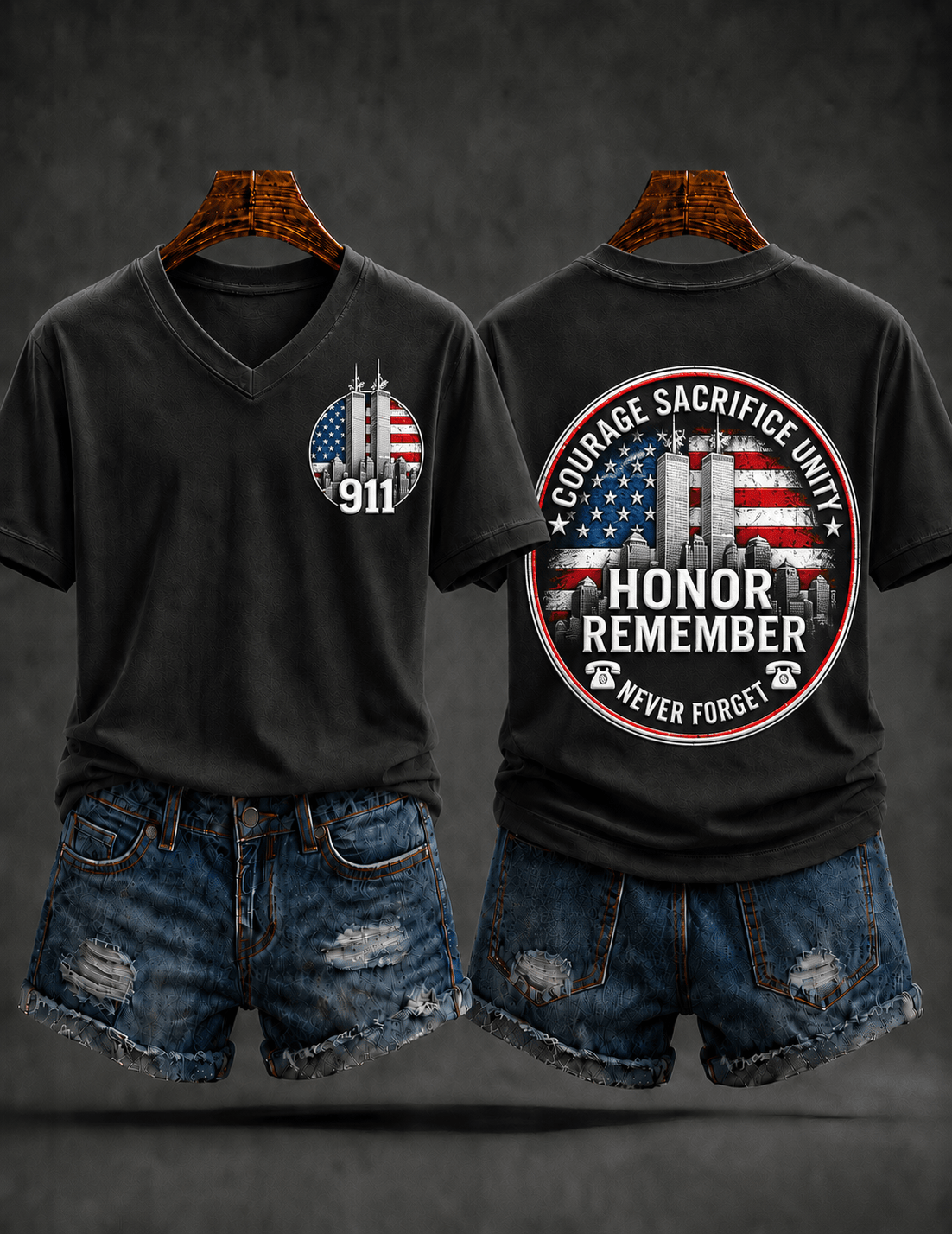 Courage Sacrifice Unity Honor Remember Never Forget V-Neck Shirt 911 Twin Towers American Merch - Otakuforge