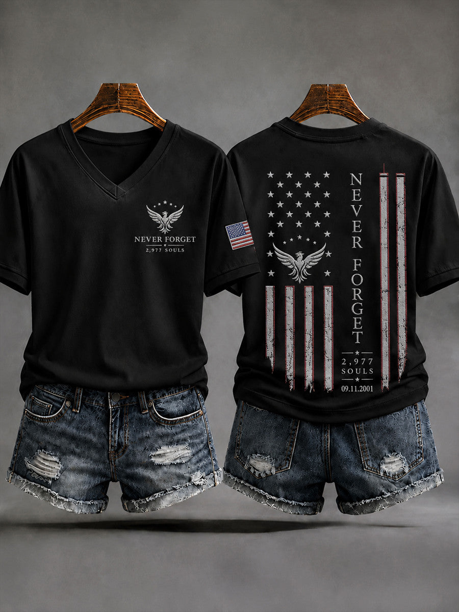 Never Forget 2 977 Souls 09 11 2001 V-Neck Shirt Twin Towers American Eagle Merch - Otakuforge