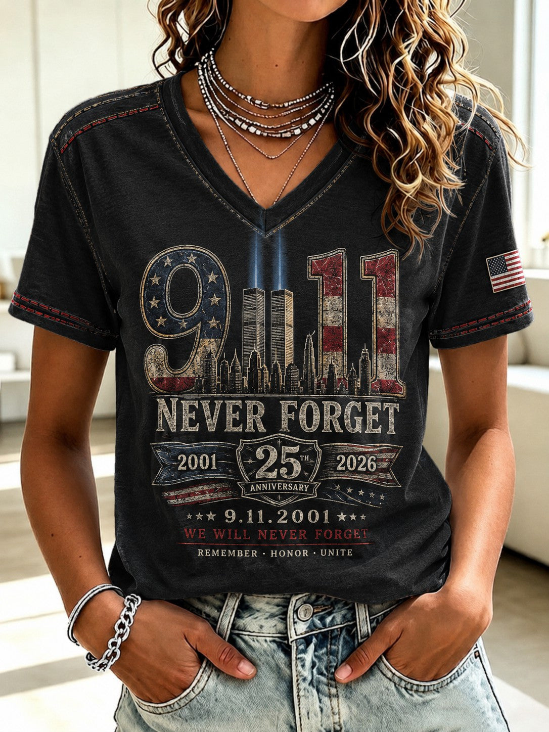9 11 Never Forget V-Neck Shirt 25th Anniversary 2026 Merch Gifts For Fans - Otakuforge