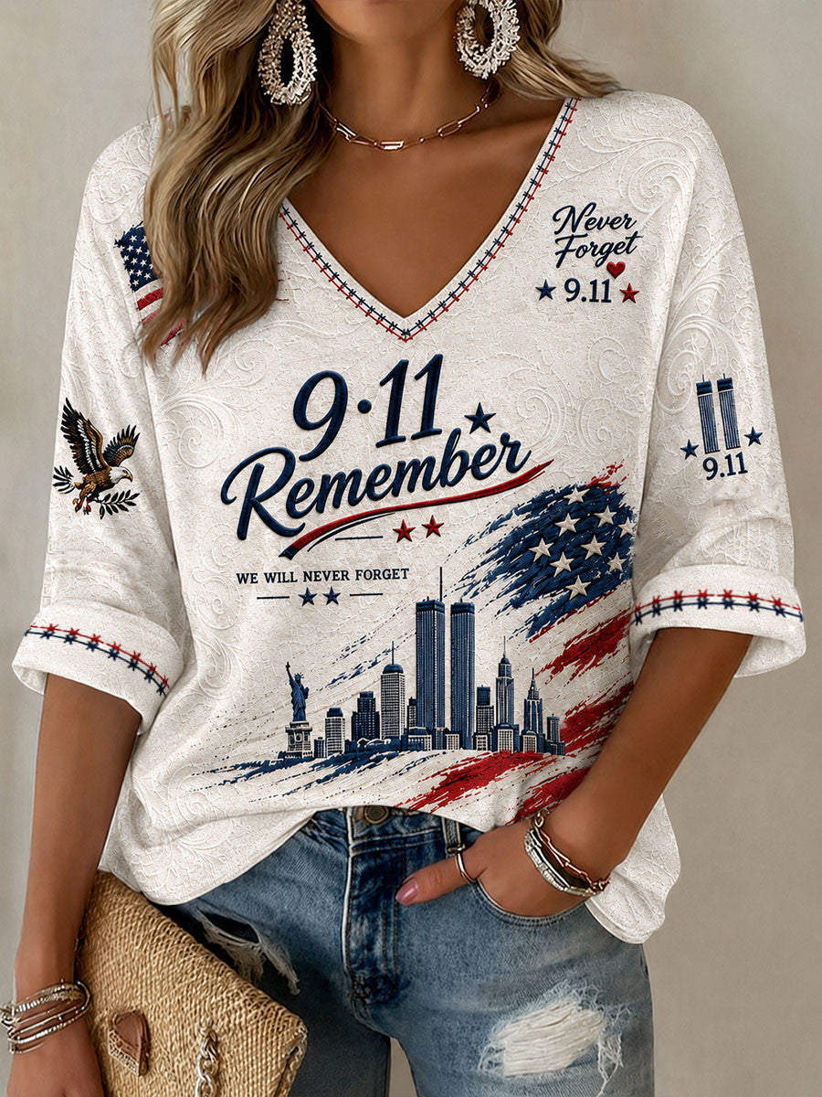 9 11 Remember We Will Never Forget Cropped Long Sleeve Shirt Twin Towers Statue Of Liberty Merch - Otakuforge