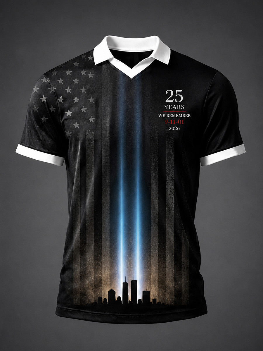 25 Years We Remember 9-11-01 2026 V-Neck Jersey Twin Towers American Merch Gift For 9-11 Dad - Otakuforge