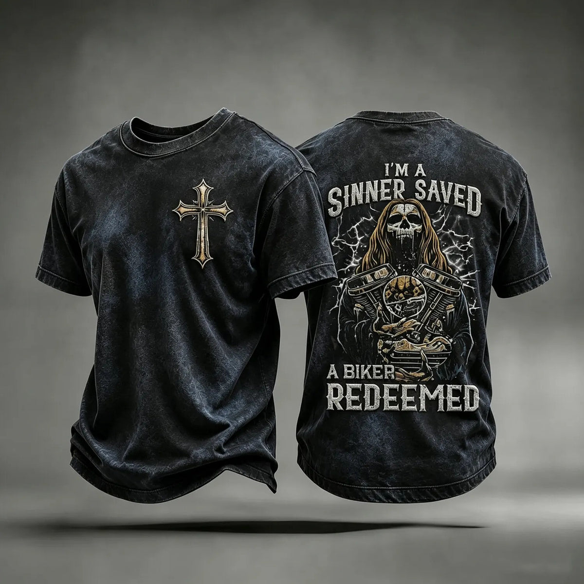 I'm A Sinner Saved A Biker Redeemed T-Shirt Christian Inspired Shirt Gifts For Bikers - Otakuforge