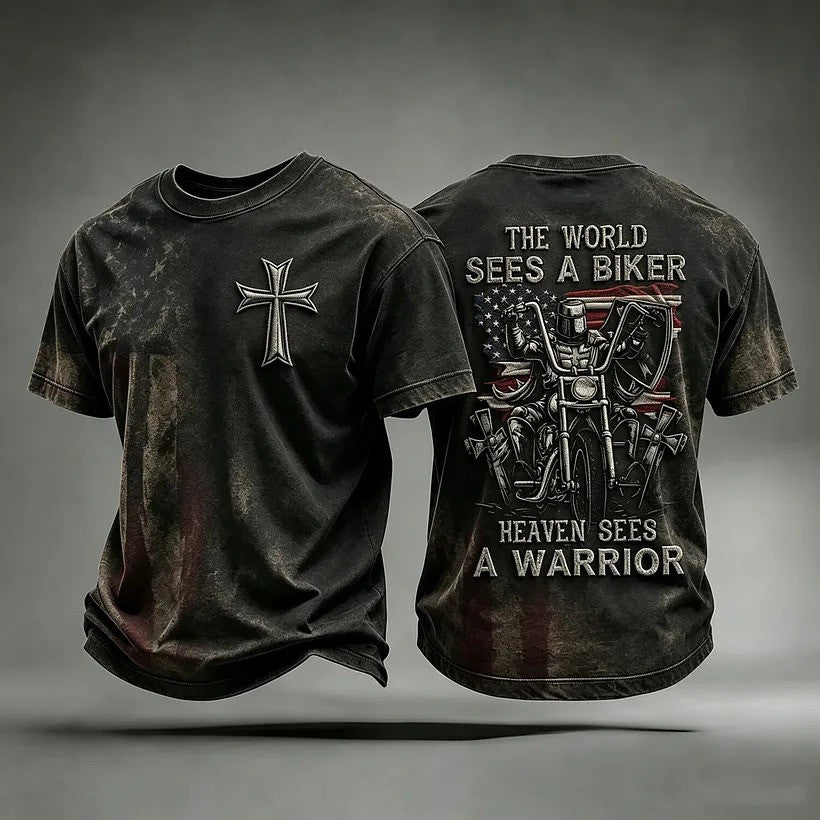The World Sees A Biker Haven Sees A Warrior T-Shirt Christian Clothing Gifts For Bikers - Otakuforge