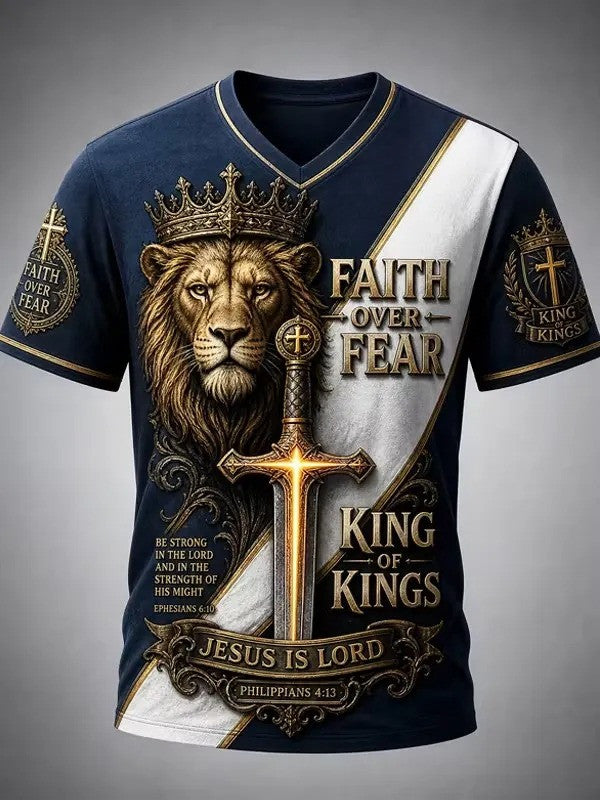 Faith Over Fear Jesus Is Lord V-Neck Shirt Bible Quotes Apparel Religious Gifts For Dad - Otakuforge