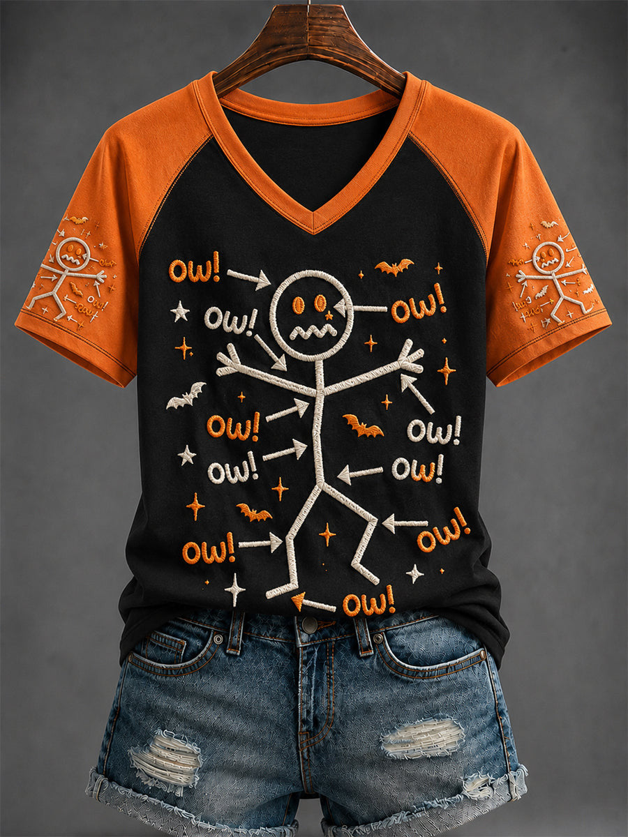 Funny Stickman Skeleton V-Neck Shirt Boo Ow Halloween Clothes Gift Idea - Otakuforge