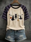 Cute Black Cat Clothesline T-Shirt Whimsical Spooky Season Clothes Gift For Her - Otakuforge
