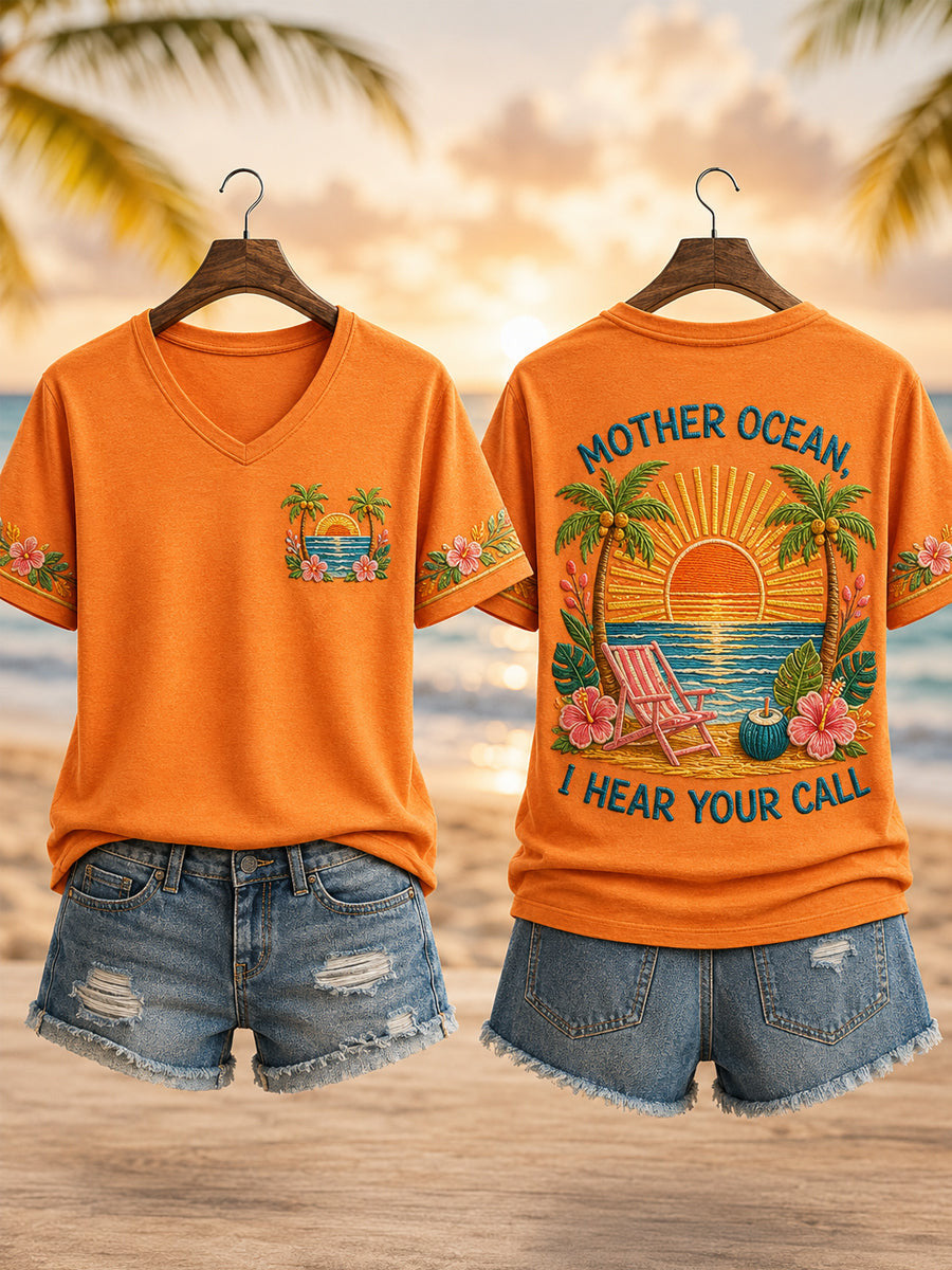 Mother Ocean I Have Heard You Call V-Neck Shirt Sunset Palm Tree Clothes Ocean Lover Gift - Otakuforge