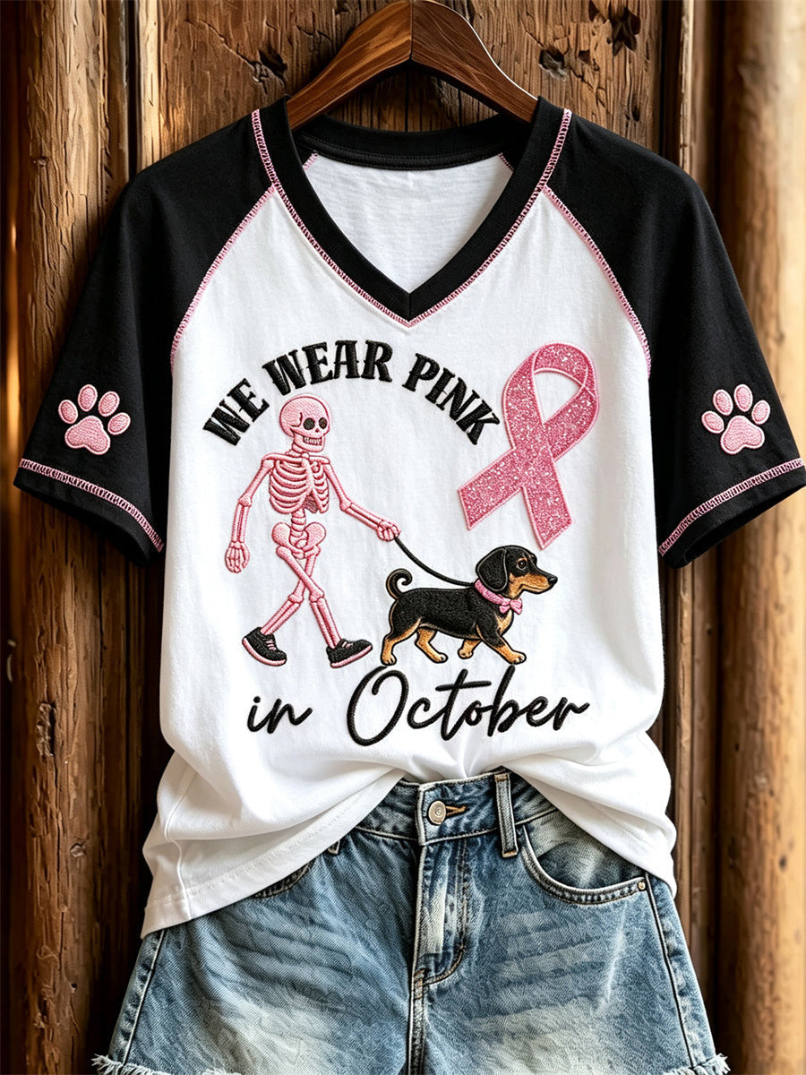 We Wear Pink in October V-Neck Shirt Breast Cancer Ribbon Clothes Dachshund Dog Lover Gift - Otakuforge