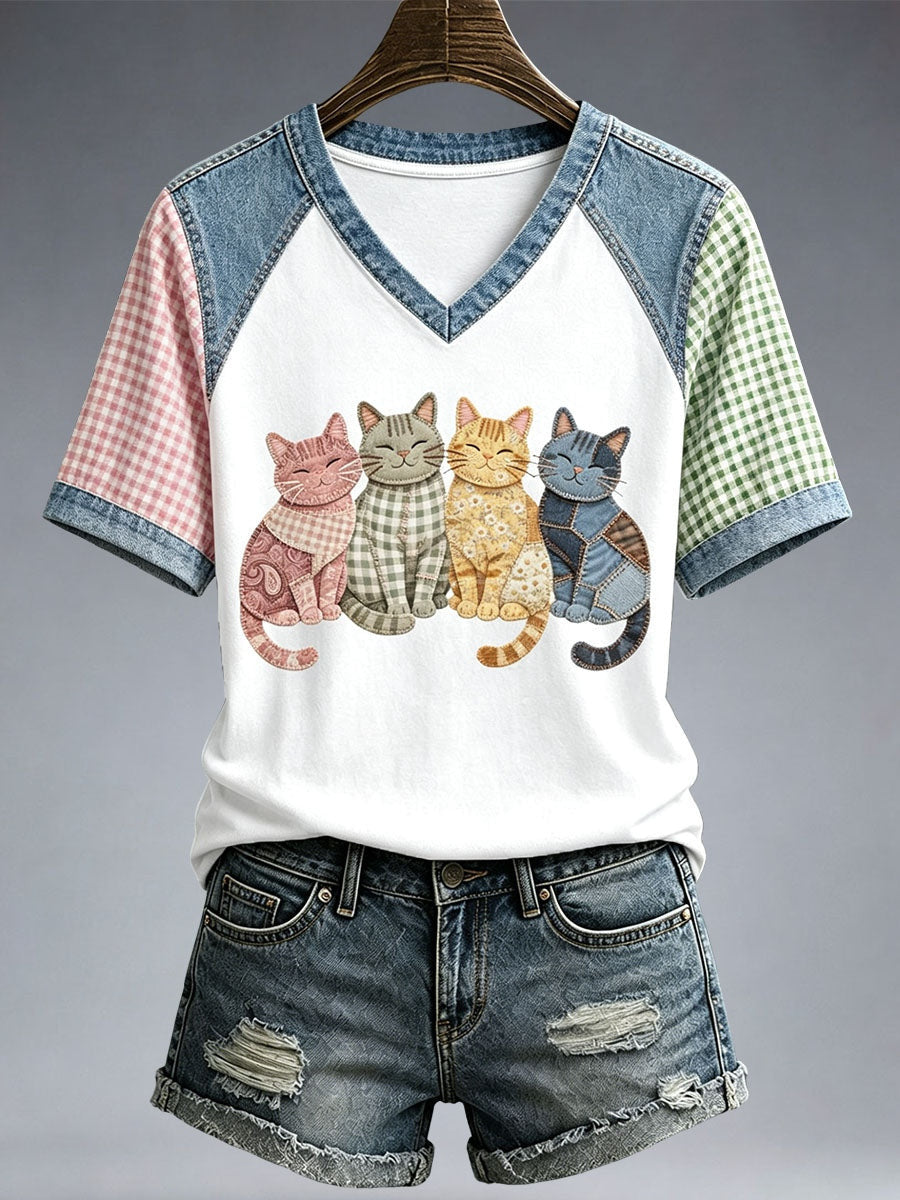 Lovely Cat Patchwork V-Neck Shirt Whimsical Kittens Clothes Cat Lover Gift For Her - Otakuforge