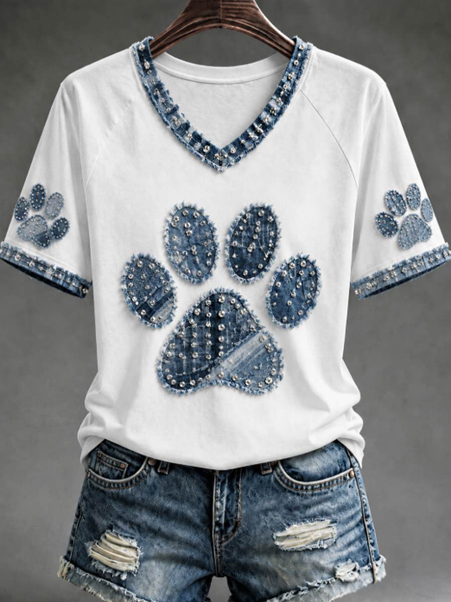 Denim Faux Paw V-Neck Shirt Cute Dog Paw Clothes Birthday Gift For Friend - Otakuforge