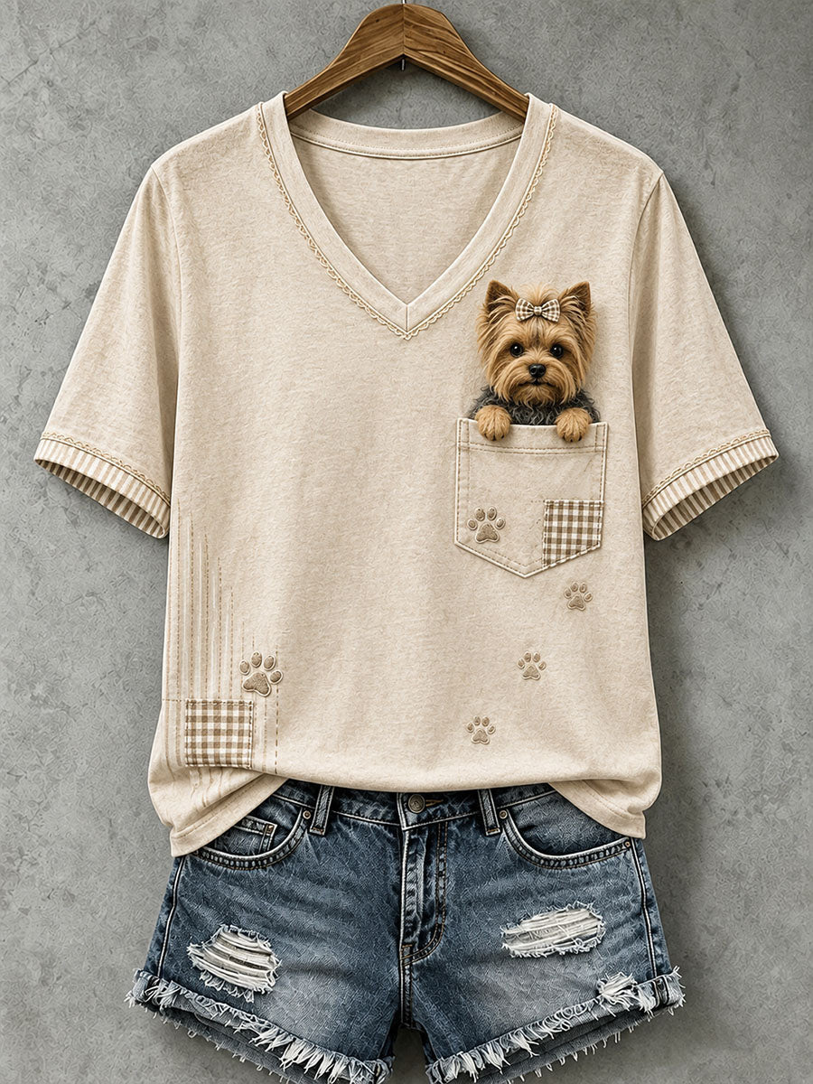 Peeking Yorkie V-Neck Shirt Cute Yorkshire Terrier Pocket Apparel Gift For Mom - Otakuforge