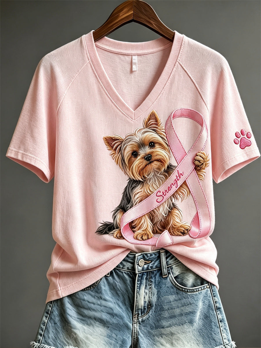 Breast Cancer Awareness Yorkshire V-Neck Shirt Pink Ribbon Clothes Women Gift - Otakuforge