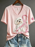 Breast Cancer Awareness Maltese V-Neck Shirt Pink Ribbon Clothes Gift For Her - Otakuforge