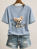 Lovely Chihuahua Felt Art V-Neck Shirt Whimsical Chihuahua Apparel Gift For Women - Otakuforge