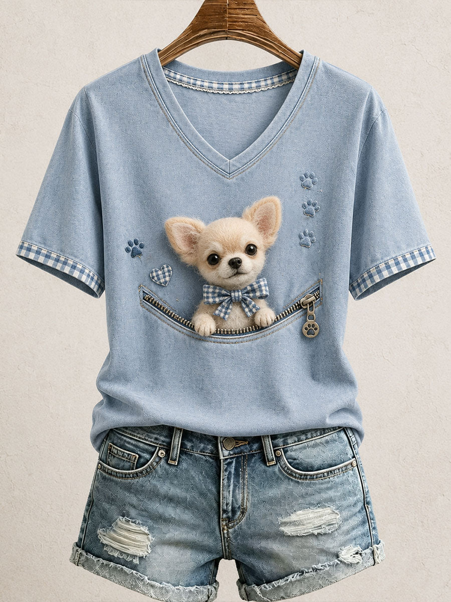 Lovely Chihuahua Felt Art V-Neck Shirt Whimsical Chihuahua Apparel Gift For Women - Otakuforge