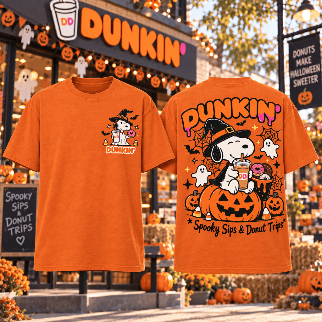 Snoopy Dunkin Witch Pumpkin Spooky Sips and Donut Trips 3D Shirt for Halloween Coffee Lovers