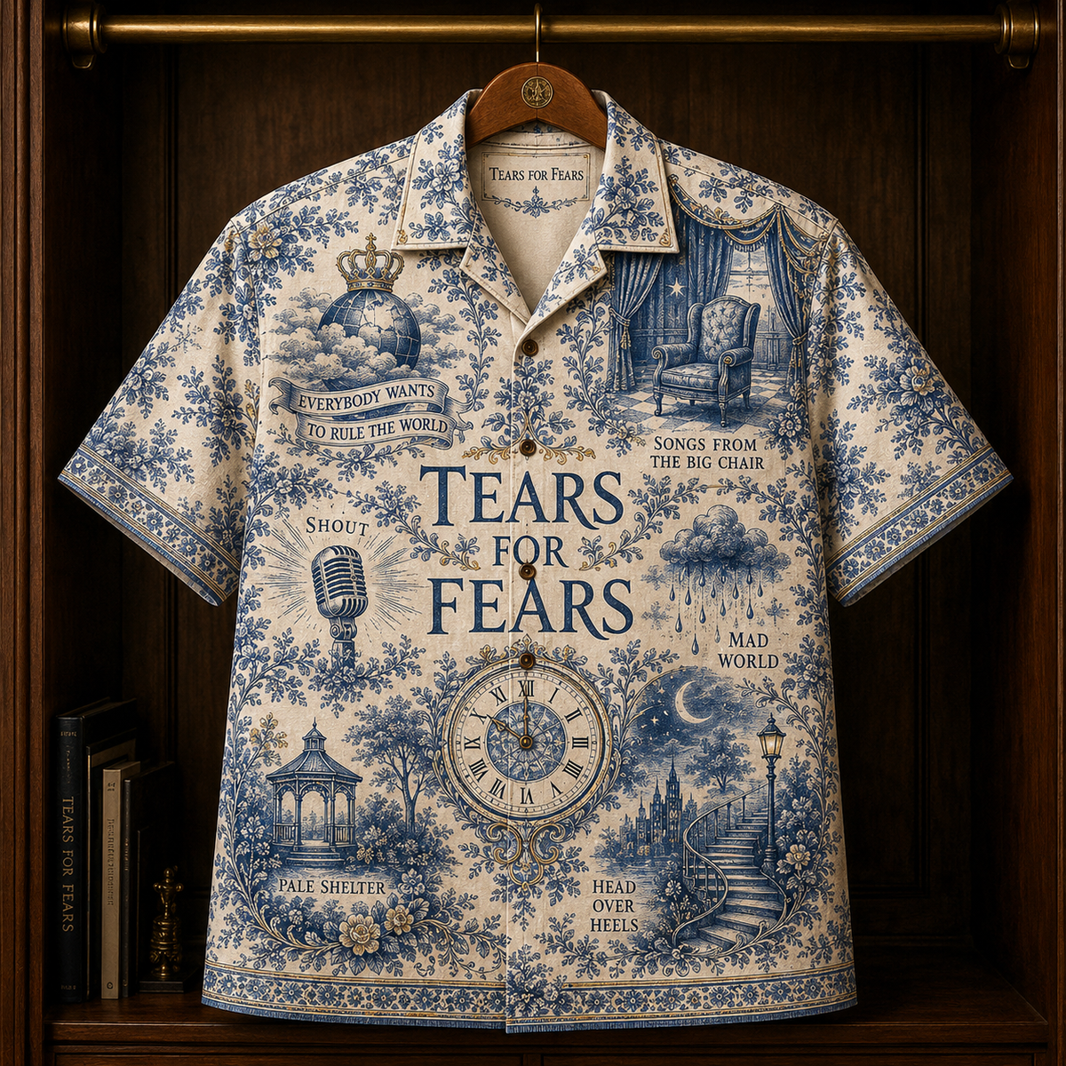 Tears For Fears Hawaiian Shirt - Unisex Toile De Jouy Delft Blue Floral Button Up