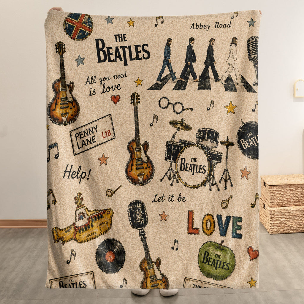The Beatles Abbey Road Sherpa Yellow Submarine Vintage Doodle Blanket