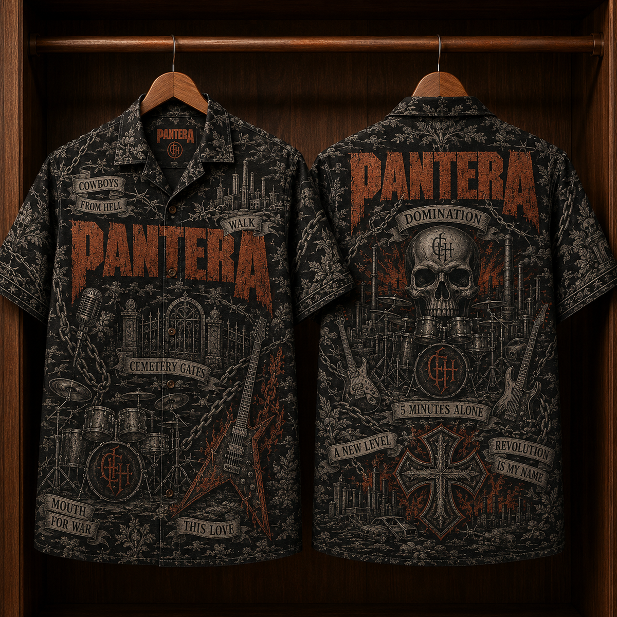 Pantera Hawaiian Shirt - Unisex Dark Toile De Jouy Cowboys From Hell Button Up