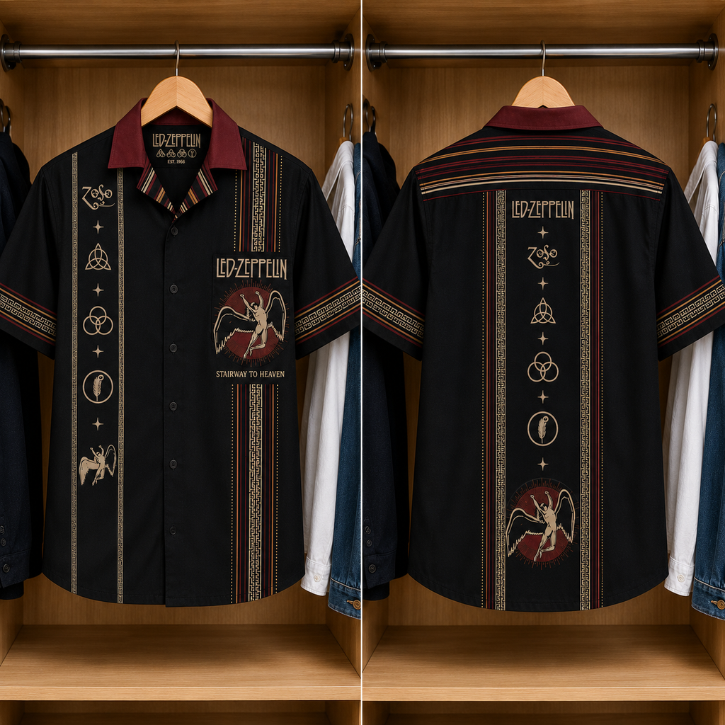 Led Zeppelin Luxury Design Hawaiian Shirt - Mexican Inpsired Swan Song Hawaiian Shirt Black Version