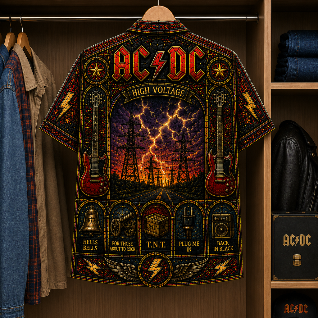 ACDC Stained Glass Hawaiian Shirt - Unisex Button Up