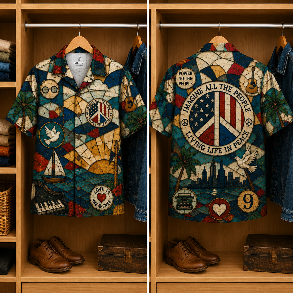John Lenon Stained Glass Hawaiian Shirt - Unisex Music Collage Button Up