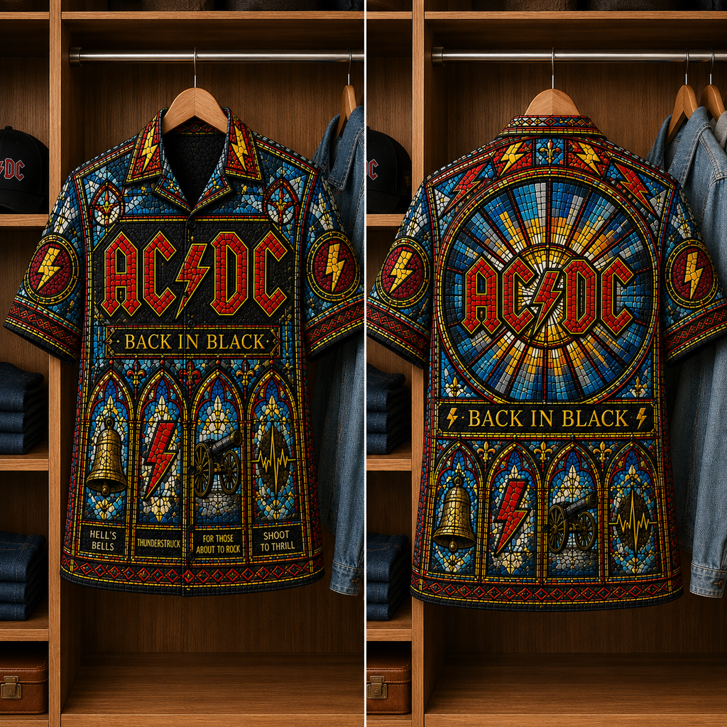 ACDC Stained Glass Hawaiian Shirt - Unisex Music Collage Button Up