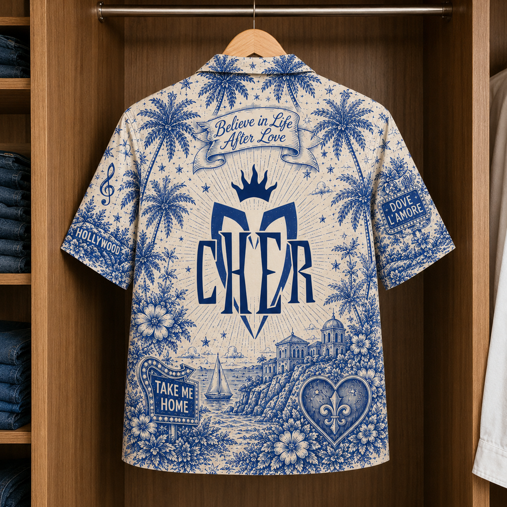 Cher Tropical Blue Hawaiian Shirt - Unisex Music Collage Button Up