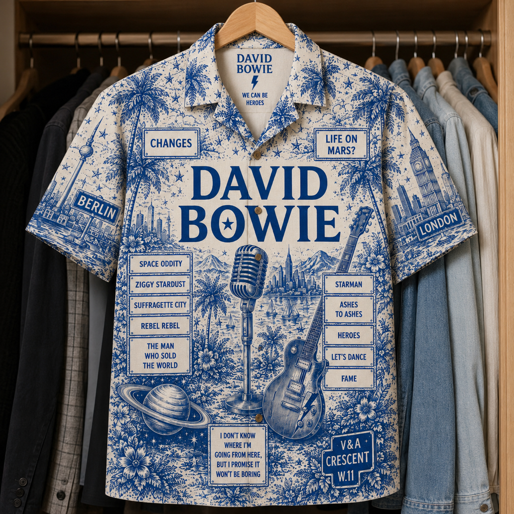 David Bowie Tropical Blue Hawaiian Shirt - Unisex Music Collage Button Up