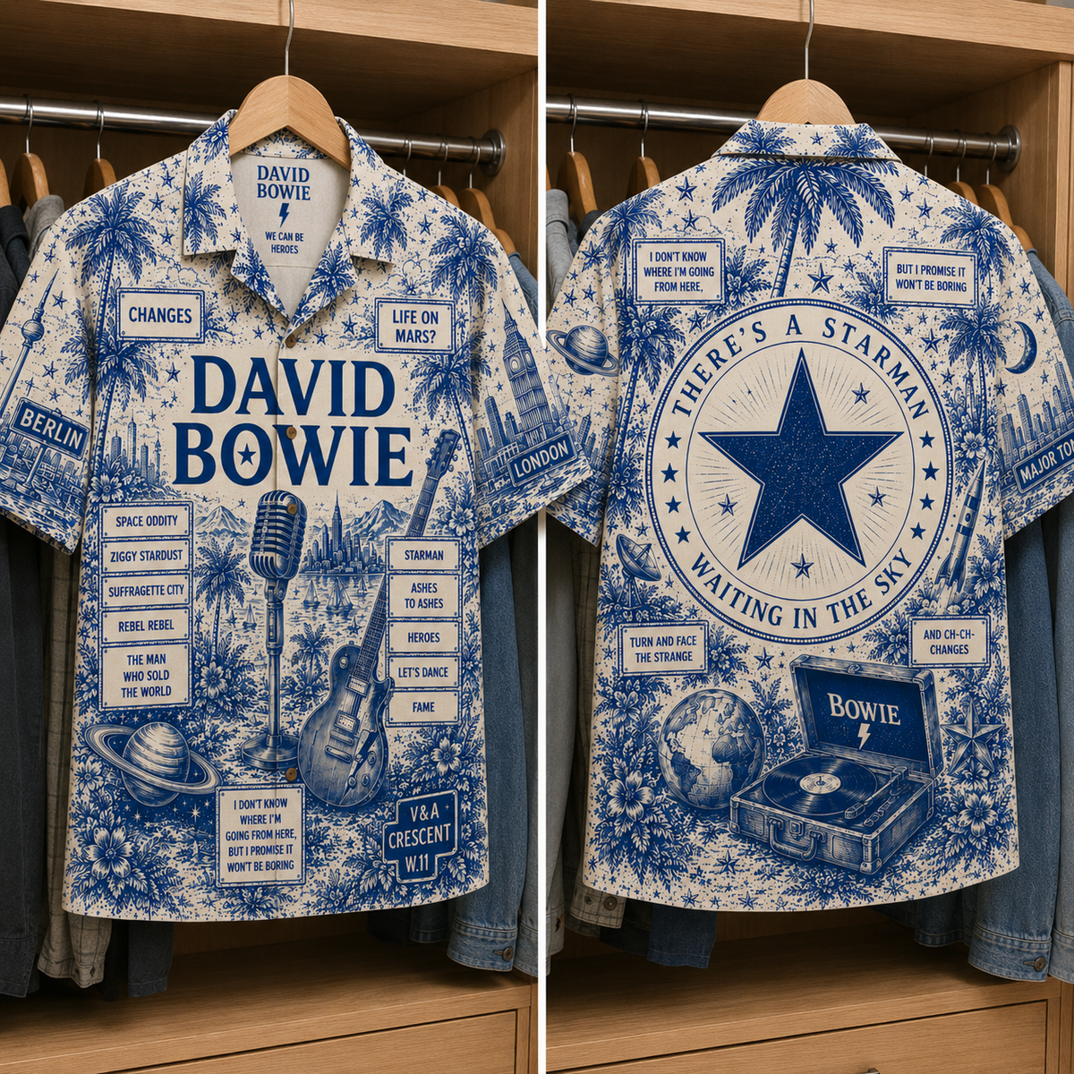 David Bowie Tropical Blue Hawaiian Shirt - Unisex Music Collage Button Up