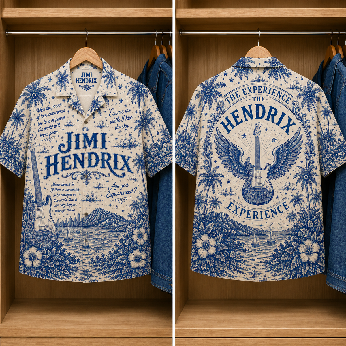 Jimmi Hendrix Special Edition Tropical Blue Hawaiian Shirt - Unisex Music Collage Button Up