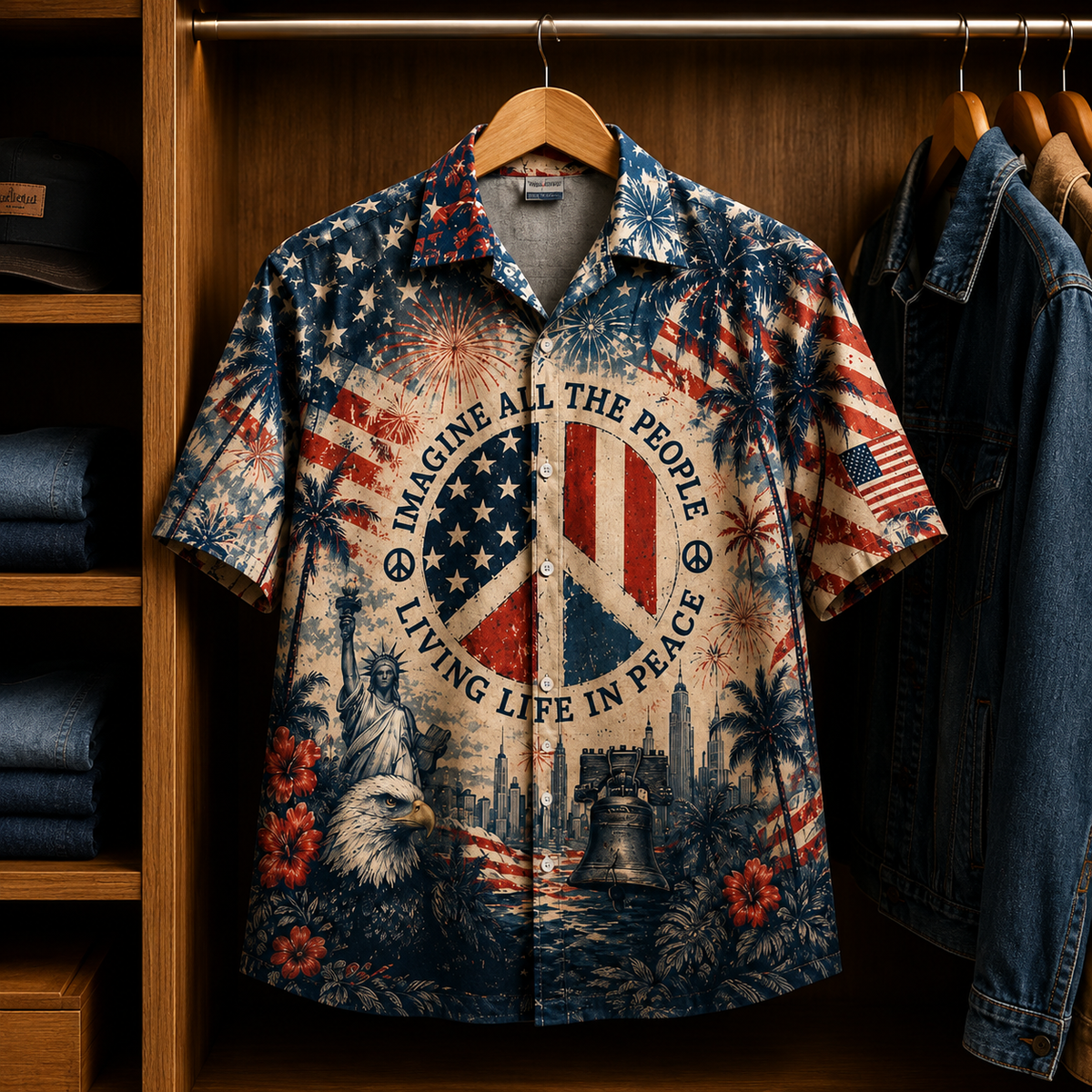 Imagine All The People Living Life In Peace Hawaiian Shirt Patriotic Peace Sign Independence Day AOP Shirt