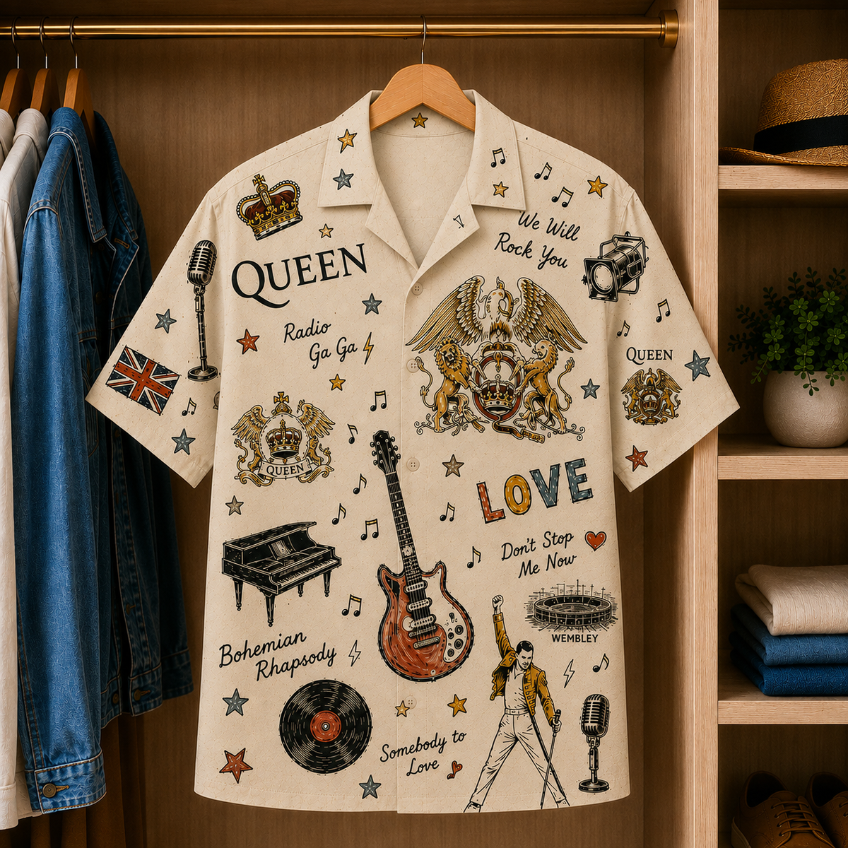Queen Vintage Sketch Hawaiian Shirt - Bohemian Rhapsody Button Up Shirt with We Will Rock You and Classic Rock Artwork