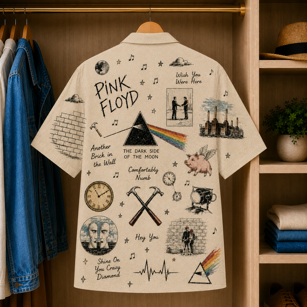 Pink Floyd Vintage Sketch Hawaiian Shirt - Button Up Shirt with Dark Side of the Moon, Wish You Were Here and The Wall Art
