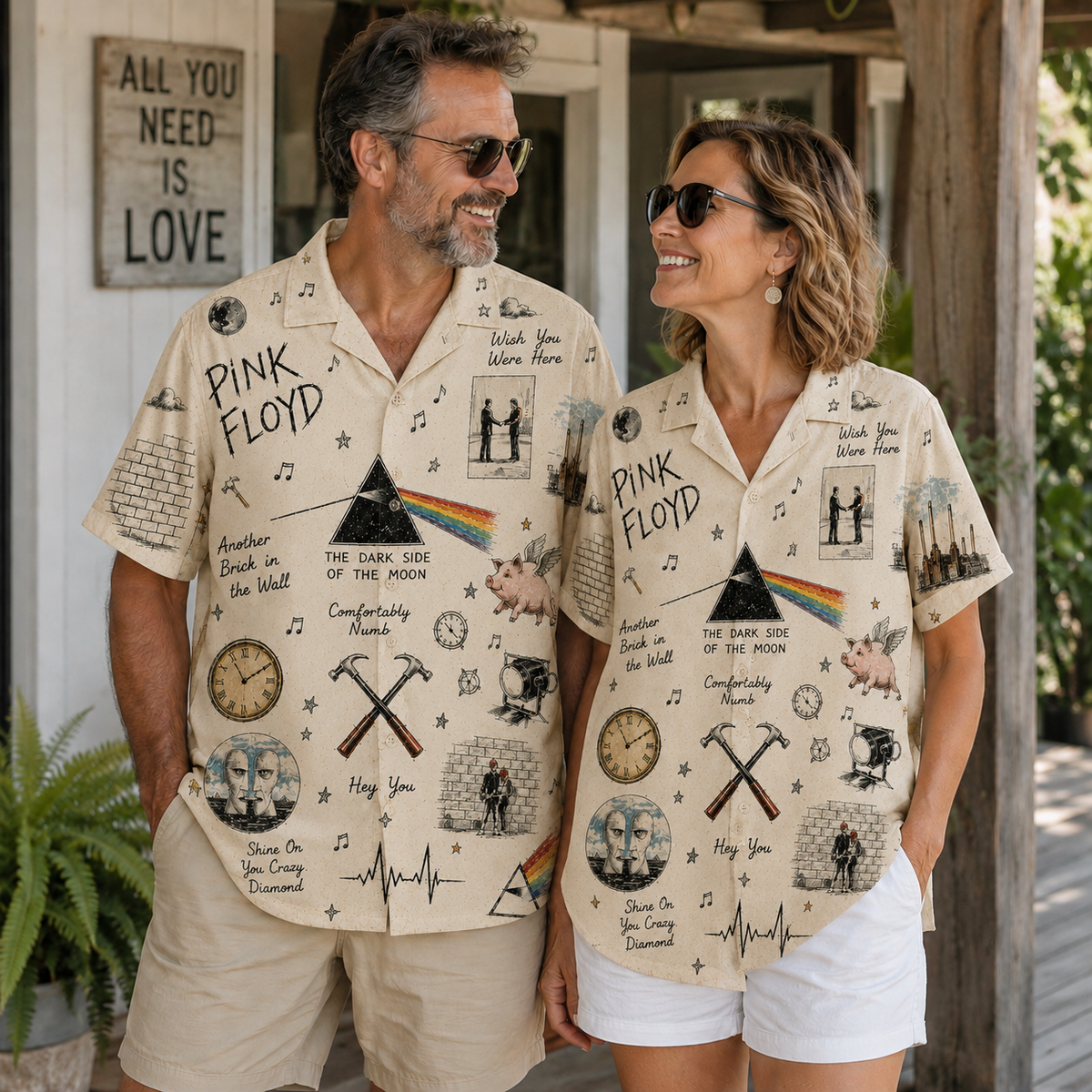 Pink Floyd Vintage Sketch Hawaiian Shirt - Button Up Shirt with Dark Side of the Moon, Wish You Were Here and The Wall Art