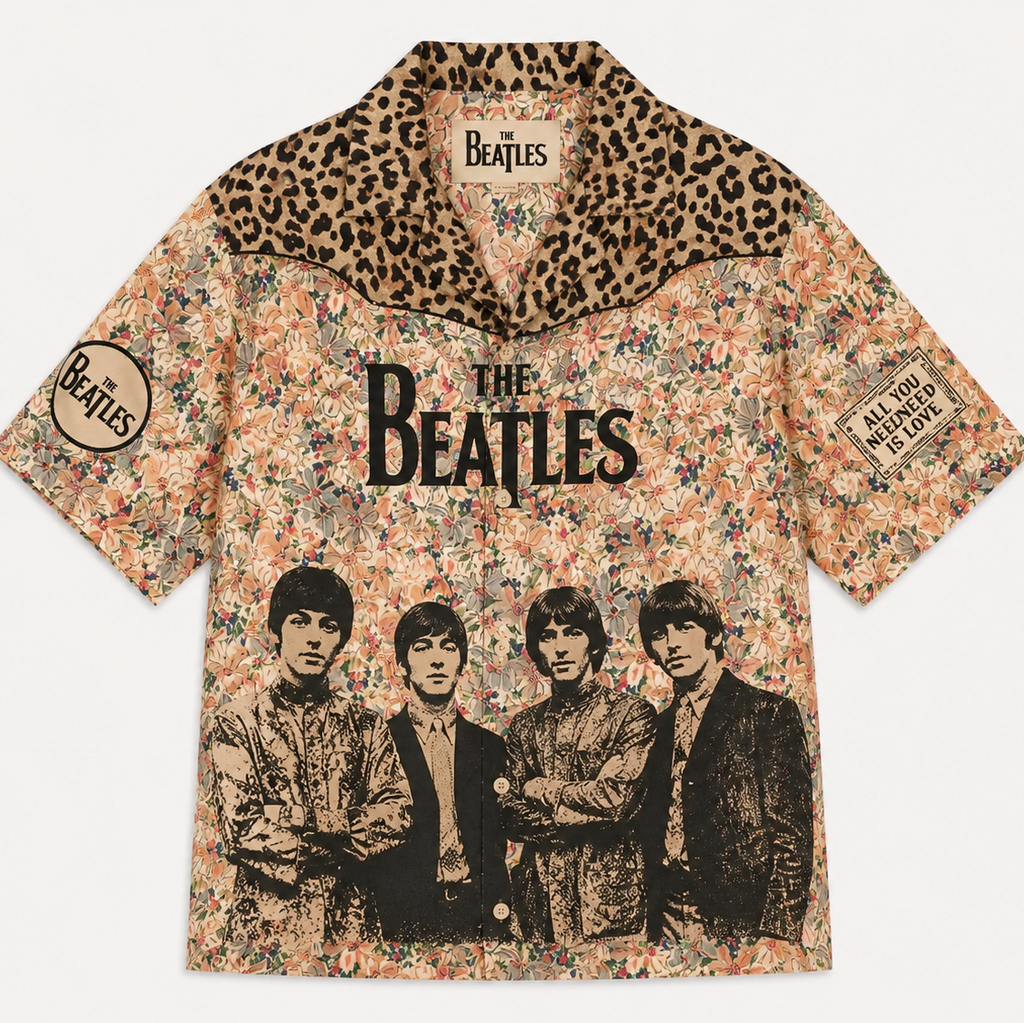 The Beatles Floral Fauve Eclat Animalier Hawaiian Shirt - Vintage Retro Rock Button-Up with Leopard Print Accent