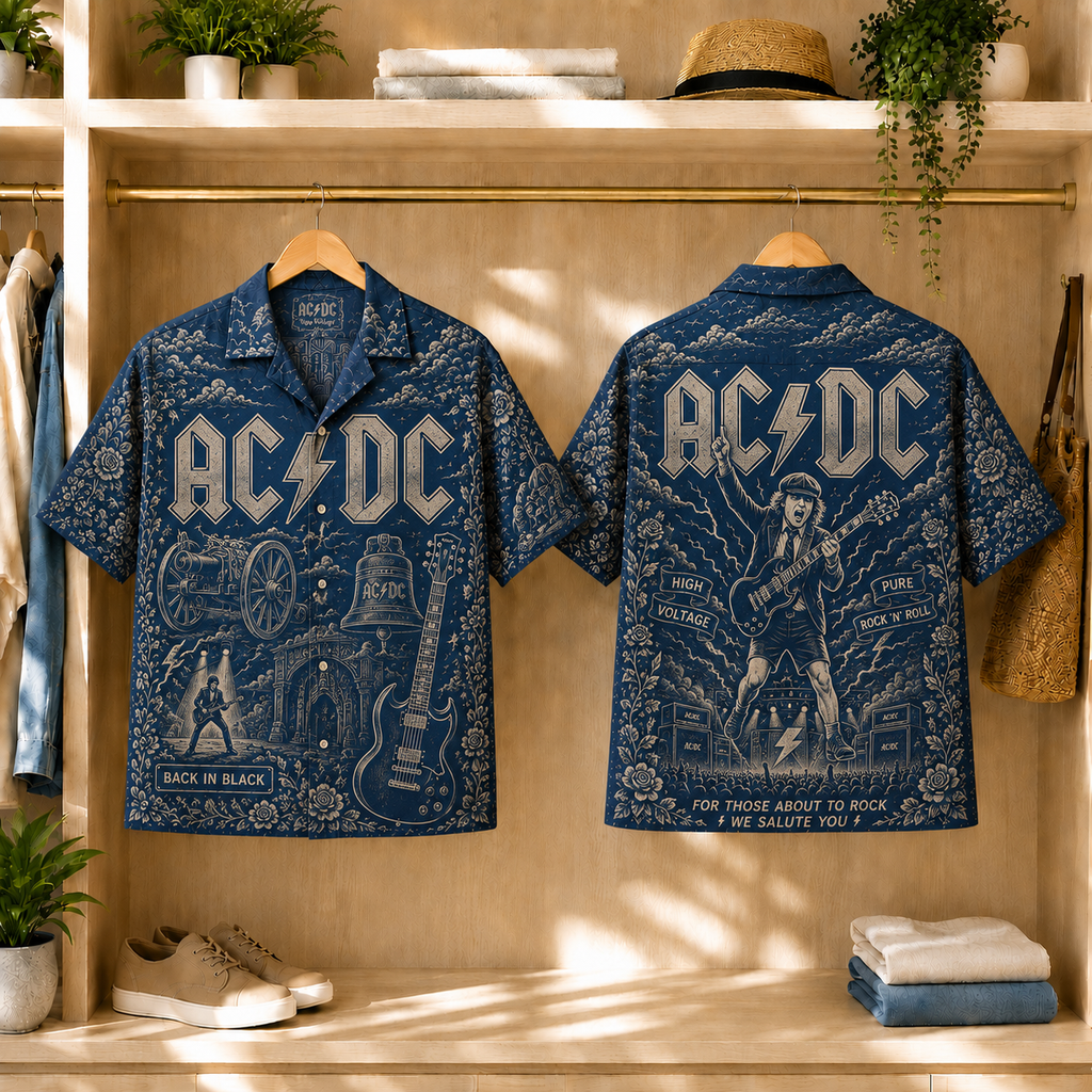 AC/DC Back in Black Toile Hawaiian Shirt - Classic Rock Vintage All-Over Print Button-Up Shirt