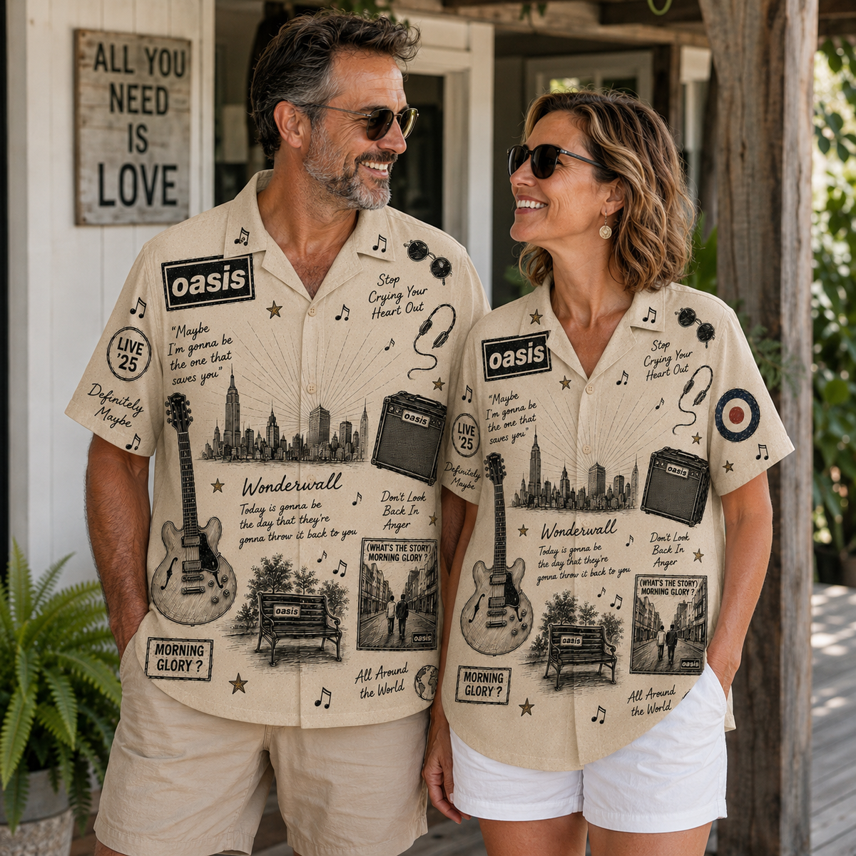 Oasis Vintage Sketch Hawaiian Shirt - Wonderwall Button Up Shirt with Definitely Maybe and Morning Glory Inspired Artwork