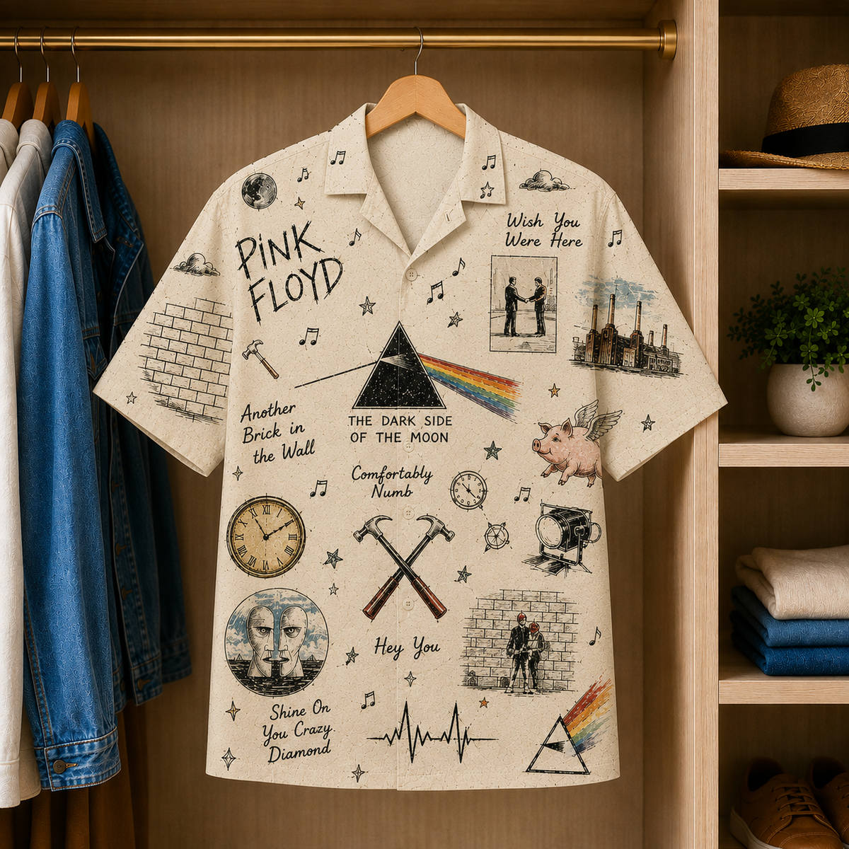Pink Floyd Vintage Sketch Hawaiian Shirt - Button Up Shirt with Dark Side of the Moon, Wish You Were Here and The Wall Art