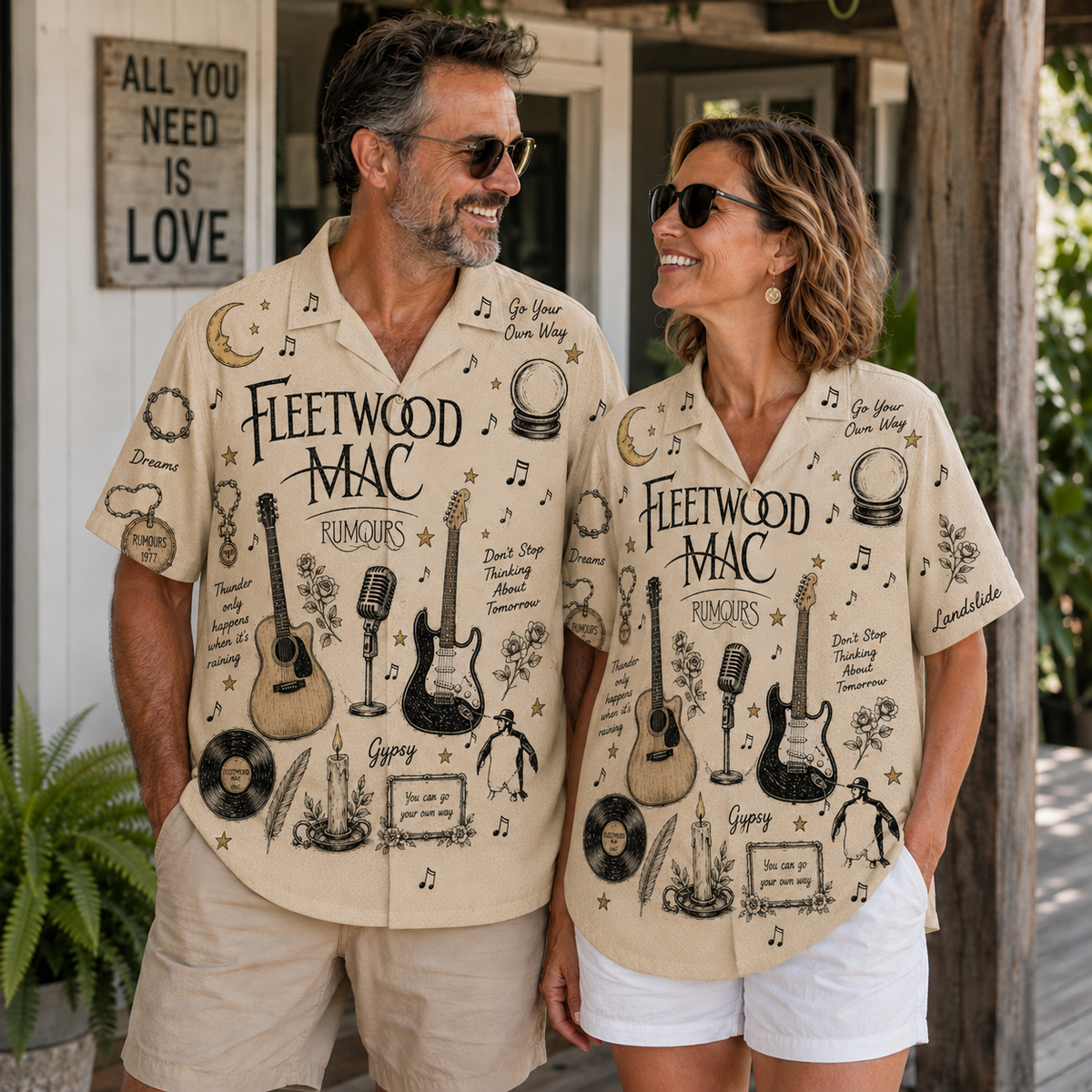 Fleetwood Mac Vintage Sketch Hawaiian Shirt - Rumours Button Up Shirt with Dreams, Go Your Own Way and Classic Rock Artwork