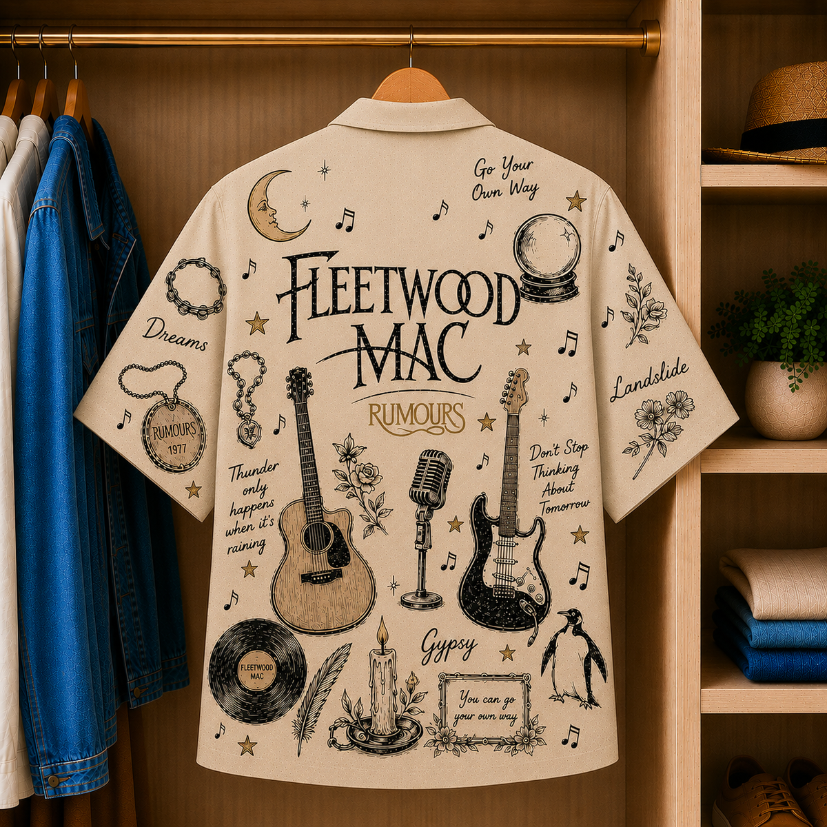 Fleetwood Mac Vintage Sketch Hawaiian Shirt - Rumours Button Up Shirt with Dreams, Go Your Own Way and Classic Rock Artwork