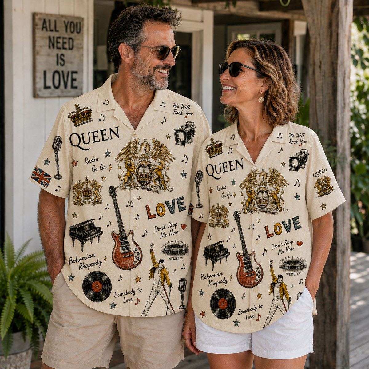 Queen Vintage Sketch Hawaiian Shirt - Bohemian Rhapsody Button Up Shirt with We Will Rock You and Classic Rock Artwork