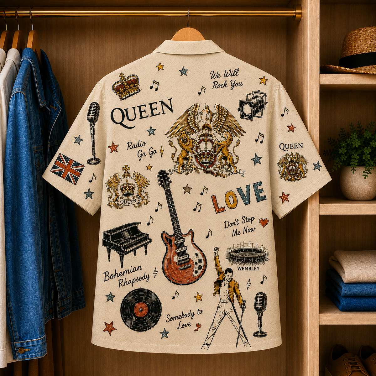 Queen Vintage Sketch Hawaiian Shirt - Bohemian Rhapsody Button Up Shirt with We Will Rock You and Classic Rock Artwork