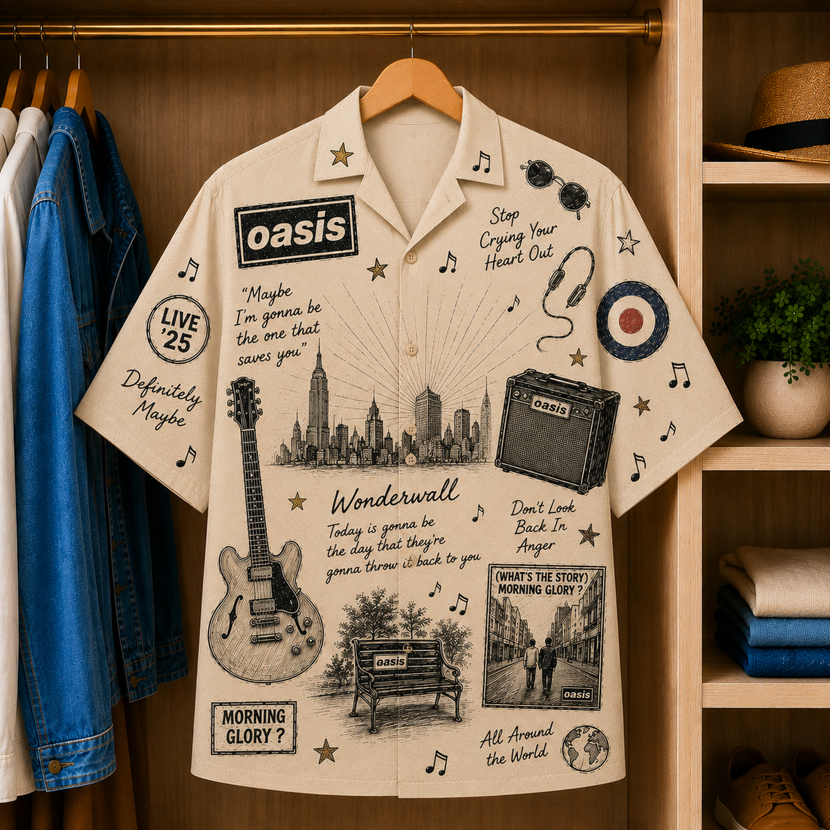 Oasis Vintage Sketch Hawaiian Shirt - Wonderwall Button Up Shirt with Definitely Maybe and Morning Glory Inspired Artwork