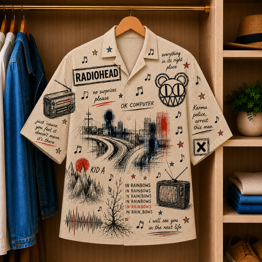 Radiohead Vintage Sketch Hawaiian Shirt - OK Computer Button Up Shirt with Kid A, In Rainbows and Alternative Rock Artwork