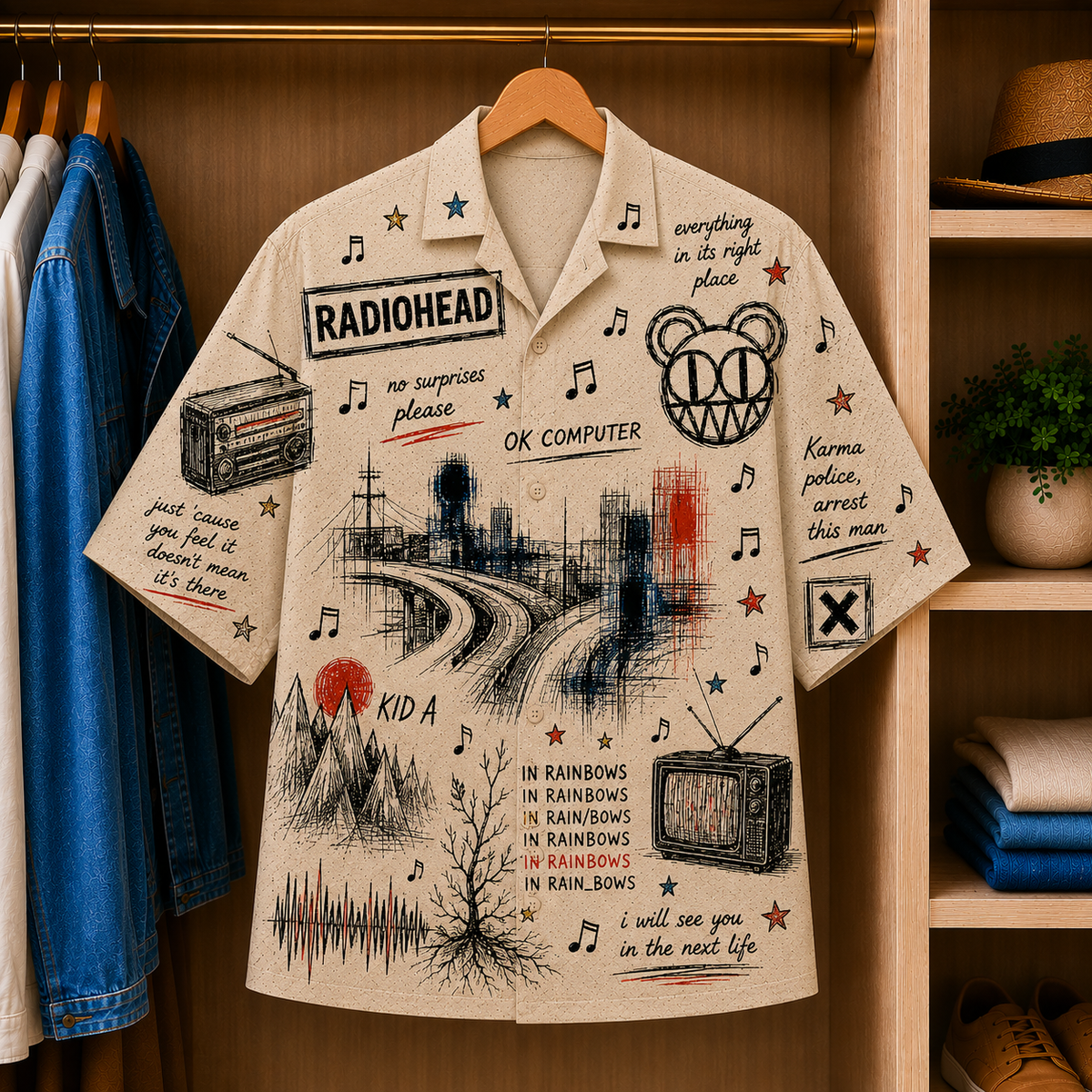 Radiohead Vintage Sketch Hawaiian Shirt - OK Computer Button Up Shirt with Kid A, In Rainbows and Alternative Rock Artwork