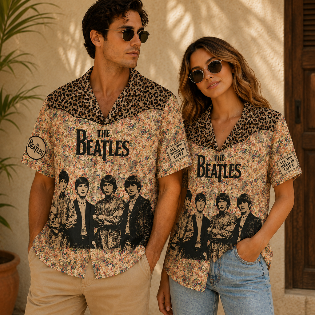 The Beatles Floral Fauve Eclat Animalier Hawaiian Shirt - Vintage Retro Rock Button-Up with Leopard Print Accent