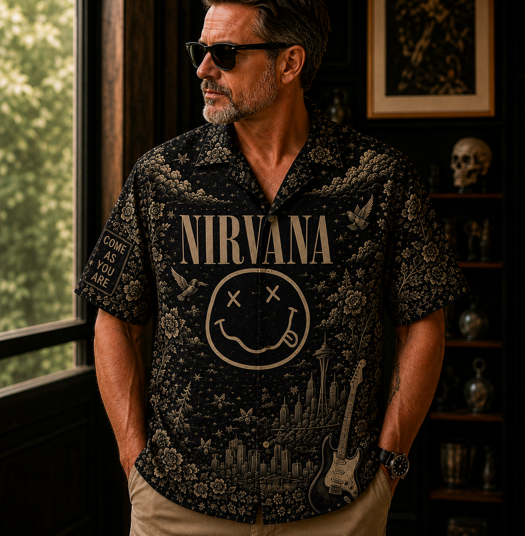 Nirvana Smiley Face Toile Hawaiian Shirt - Classic Rock Vintage All-Over Print Button-Up Shirt